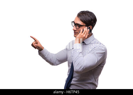 Mann mit mobile Smartphone isoliert auf weiss Stockfoto
