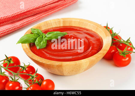 Lebensmittel Nahrungsmittel Gewürz Closeup Soße Gemüsegericht Mahlzeit glatt Tomatenmark hölzerne Bündel hausgemachte Ketchup organische Inhaltsstoffe Stockfoto