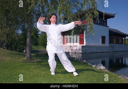 Frau, Anfang 40, Tai Chi in einem chinesischen Garten in Berlin zu tun Stockfoto