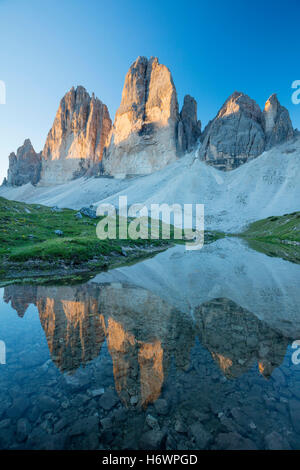 Dawn Reflexion der Tre Cime di Lavaredo, Sextener Dolomiten, Südtirol, Italien. Stockfoto