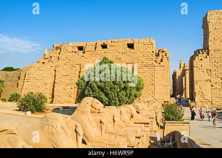 Der Ram leitete Sphinxen vor dem ersten Pylon des Karnak Tempels sind die Visitenkarte des Standortes, Luxor Stockfoto