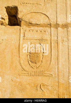 Das Relief, Darstellung Skarabäus, das war der Heilige Käfer im alten Ägypten, Karnak Tempel, Luxor. Stockfoto