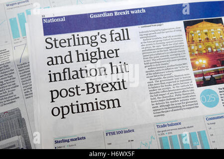 "Sterling Herbst und höhere Inflation Post-Austritt Optimismus getroffen" Zeitung Artikel 2016Guardian Zeitungsartikel 2016 London UK Stockfoto