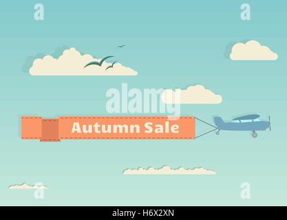 Cartoon-Flugzeug mit Banner unter Himmel und Wolken fliegen. Herbst Sale Banner. Stock Vektor