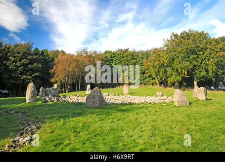 Ein Blick auf Loano of Daviot Recumbent Stone Circle in der Nähe von Inverurie, Aberdeenshire, Schottland, Vereinigtes Königreich. Stockfoto
