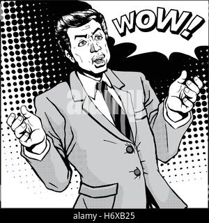 Retro-Mann runzelte die Stirn mit beiden Händen in der Luft und seufzt Wow, Comic-Buch-Stil-Sprechblase, Pop-Art, schwarz-weiß Stock Vektor