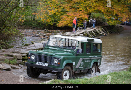 Herbst am Tarr Steps Klöppel Brücke über den Fluss Barle, Exmoor National Park, Somerset, England, UK Stockfoto