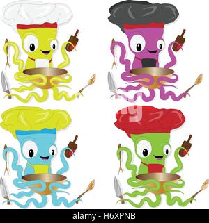 Lustige Cartoon Oktopus Chef Koch Hut. Für Meeresfrüchte Menü restaurant Stock Vektor