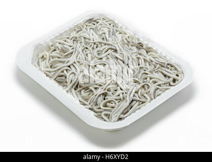 Ungekocht Elvers (Baby Aale) in Plastikschale isoliert auf weiss Stockfoto