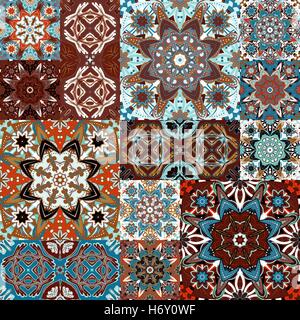 Nahtloser Vektor Patchwork Kachel mit viktorianischen Motive in bunt Stock Vektor
