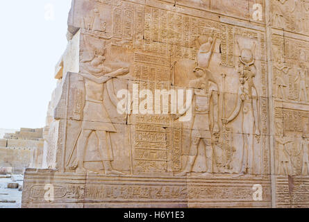 Der Pharao spricht Adler Gott Horus, Relief in Kom Ombo Tempel, Ägypten. Stockfoto
