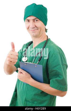 Glücklich männlichen Arzt zeigt Daumen oben, isoliert Stockfoto