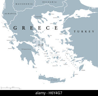 Griechenland Landkarte mit Hauptstadt Athen, mit den wichtigsten Halbinseln und Inseln mit nationalen Grenzen und Nachbarn. Stockfoto
