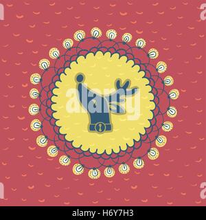 Weihnachten und Neujahr runder Rahmen mit Hirschkopf mit Glockensymbol Halskette. Doodle-Abbildung-Grußkarte. Stock Vektor