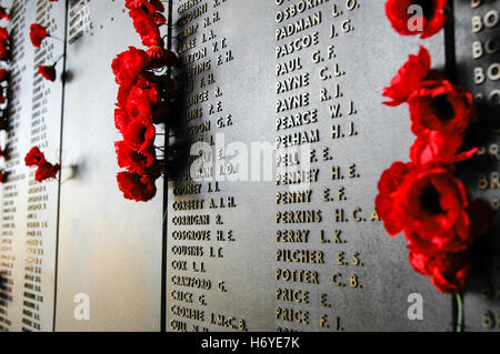 Besucher verlassen rotes Papier Mohn in Ehrenrolle Wand für die lieben in der Tätigkeit getötet. australische Kriegsdenkmal. Canberra. handeln