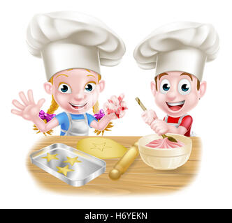 Cartoon Chef Baker Kinder backen und Kochen als Köche in der Küche Stockfoto