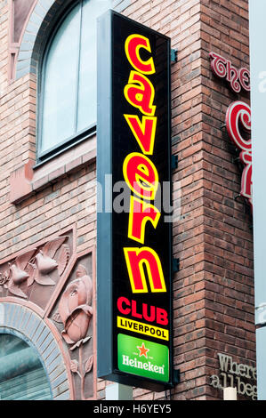 Melden Sie sich für den Cavern Club in der Mathew Street, Liverpool. Stockfoto