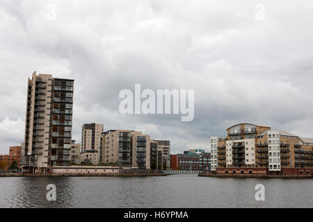 Celestia und Abenteurer Kai Luxus Apartment Gebäude auf Roath Bassin an bewölkten Tag Bucht Cardiff Wales Großbritannien Stockfoto