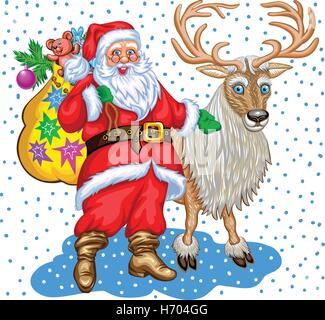 Santa Claus mit Tasche von Geschenken und Rentiere. Weihnachten-Abbildung Stock Vektor
