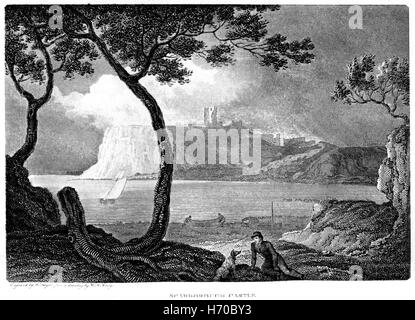 Eine Gravur der Scarborough Castle gescannt Yorkshire mit hoher Auflösung aus einem Buch, gedruckt im Jahre 1812. Kostenlos copyright geglaubt. Stockfoto