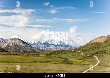 Denali (Mount McKinley) und Thorofare verlaufen vom steinigen Hügel im Denali Nationalpark in Alaska Yunan. Stockfoto