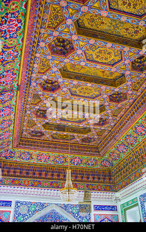 Die Decke im großen Thron Zimmer von Khudayar Khan Palast dekoriert in braune Farbe Gamma mit feinen Mustern Stockfoto