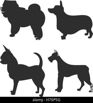 die quadratischen Bild kleine Gruppe von schwarzen Schatten der vier reinrassige Hunde Isoleted auf dem weißen Hintergrund Stock Vektor