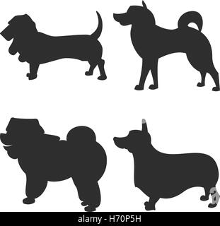 die quadratischen Bild kleine Gruppe von schwarzen Schatten der vier reinrassige Hunde Isoleted auf dem weißen Hintergrund Stock Vektor