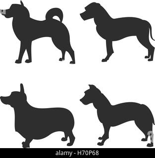 die quadratischen Bild kleine Gruppe von schwarzen Schatten der vier reinrassige Hunde Isoleted auf dem weißen Hintergrund Stock Vektor
