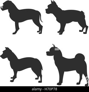 die quadratischen Bild kleine Gruppe von schwarzen Schatten der vier reinrassige Hunde Isoleted auf dem weißen Hintergrund Stock Vektor