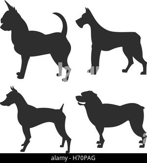 die quadratischen Bild kleine Gruppe von schwarzen Schatten der vier reinrassige Hunde Isoleted auf dem weißen Hintergrund Stock Vektor