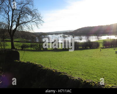 Überschwemmungen an Apperley Brücke, Nr Leeds, West Yorkshire, Großbritannien Stockfoto