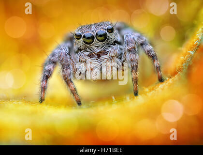 Extrem scharfe und detaillierte Porträt des polnischen springen Spinne Makro mit bokeh Stockfoto