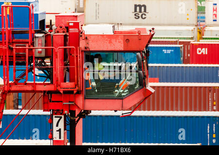 Straddle Carrier dienen Container am Container Terminal Burchardkai in Hamburg Stockfoto