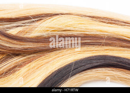 Europäisches Echthaar Verlängerung Schuß. Farbige trocken und seidige Haare braun hell blond rot gemischt Ombre Farben. Lockige gerade Textur Stockfoto