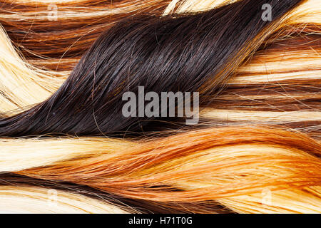 Europäisches Echthaar Verlängerung Schuß. Farbige trocken und seidige Haare braun hell blond rot gemischt Ombre Farben. Lockige gerade Textur Stockfoto