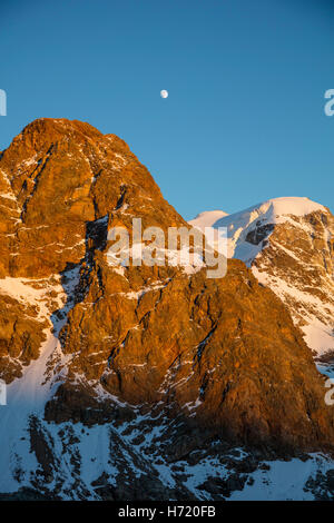 Am Abend Mondaufgang über Piz Trovat, von der Diavolezza. Berniner Alpen, Graubünden, Schweiz. Stockfoto