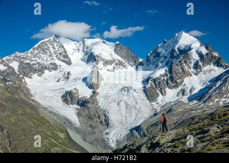 Wanderer unter Piz Bernina und Piz Rosbeg. Fuorcla Surlej, Silvaplana, Berniner Alpen, Graubünden, Schweiz. Stockfoto