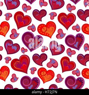 Valentinstag künstlerische handgezeichnete bunte Herzen Hintergrund, Vektor nahtlose Muster Stock Vektor