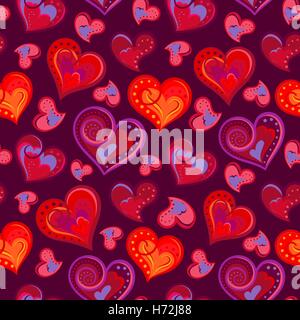 Romantisches nahtlose Muster mit bunten Hand zeichnen Herzen.  Leuchtende Herzen auf lila Hintergrund. Vektor-illustration Stock Vektor
