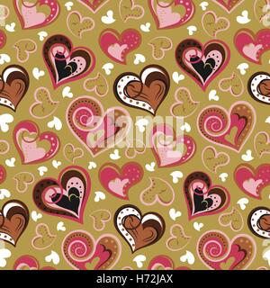 Hand gezeichnet doodle Musterdesign von Herzen. Rosa braun Herzen auf Schokolade Hintergrund. Vektor-Illustration. Stock Vektor