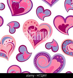 Valentinstag künstlerische handgezeichnete bunte Herzen Hintergrund, Vektor nahtlose Muster Stock Vektor
