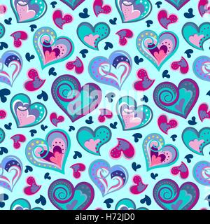 Hand gezeichnet doodle Musterdesign von Herzen. Colofrul Herzen auf farbigem Hintergrund. Vektor-illustration Stock Vektor