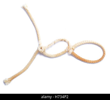 Seil mit Knoten auf weißem Hintergrund Stockfoto