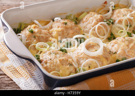 Leckere Hähnchen Kugeln gebacken mit Käse und Zwiebeln hautnah in Auflaufform legen. Horizontale Stockfoto