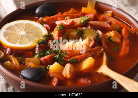 Russische Suppe mit Fleisch und Wurst-Soljanka-Makro in eine Schüssel geben. horizontale Stockfoto