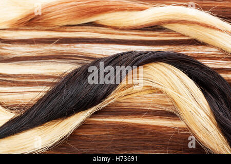 Europäisches Echthaar Verlängerung Schuß. Farbige trocken und seidige Haare braun hell blond rot gemischt Ombre Farben. Lockige gerade Textur Stockfoto