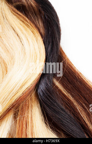 Europäisches Echthaar Verlängerung Schuß. Farbige trocken und seidige Haare braun hell blond rot gemischt Ombre Farben. Lockige gerade Textur Stockfoto