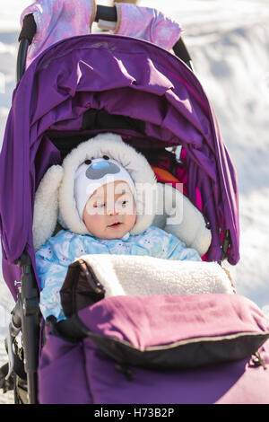 glückliches Baby Junge sitzt im Kinderwagen spazieren Stockfoto