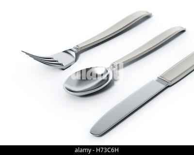 Gabel, Löffel und Messer isoliert auf weißem Hintergrund. 3D Illustration. Stockfoto